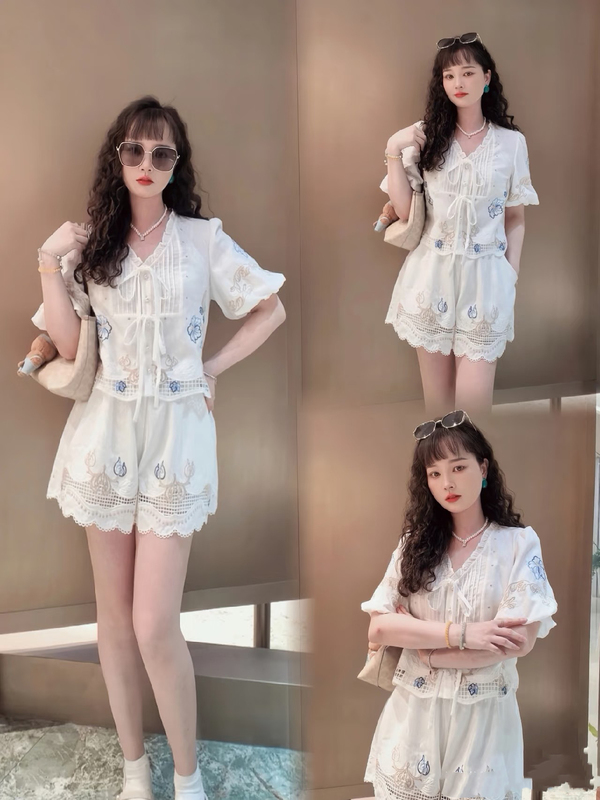 High-End Version in Stock, 2026 Summer New Style Lyocell Embroidered Collar Short Top + High-Waisted Slimming Shorts