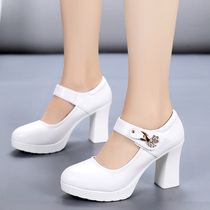 Middle Aged Qipao Shoes High Heel Model Walking Show Shoes Waterproof Bench heel Heel Genuine Leather Women Shoes White Light Mouth Single Shoes