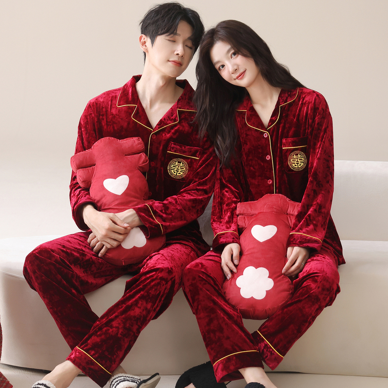 Thin Velvet Couple Pajamas for Women, Spring, Autumn and Winter Long-Sleeved Velvet Wedding Newlyweds Men's Red Gold Velvet Home Clothes
