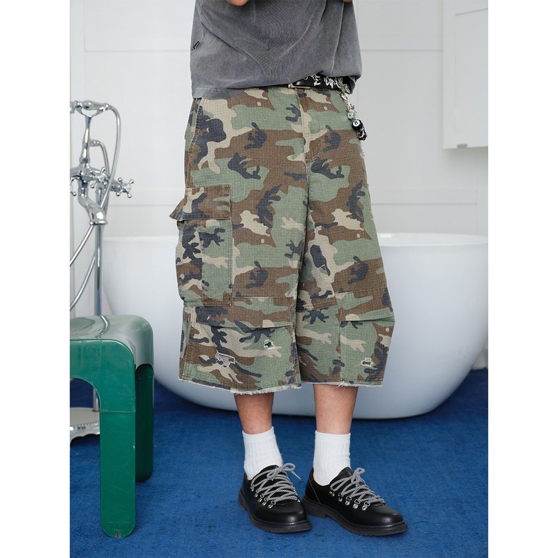 Comictree Summer New Camouflage Shorts Washed Vintage Pocket Cargo Pants Distressed Straight-Leg Cropped Pants for Men Comictree Summer New Camouflage Shorts Washed Vintage Pocket Cargo Pants Distressed Straight-Leg Cropped Pants for Men