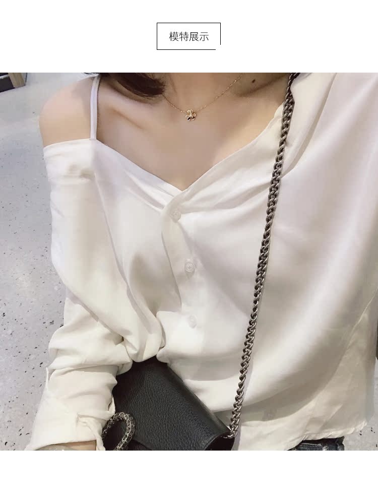 Mùa thu mới nổi cổ áo lệch vai ngắn áo dài mềm mại tay dài 	áo sơ mi nữ dài tay cho người mậ