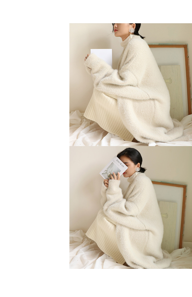 Màu be nổi tiếng đệm lỏng bat bat kích thước lớn của phụ nữ áo len oversize áo len lớn áo len áo len cao cổ nữ