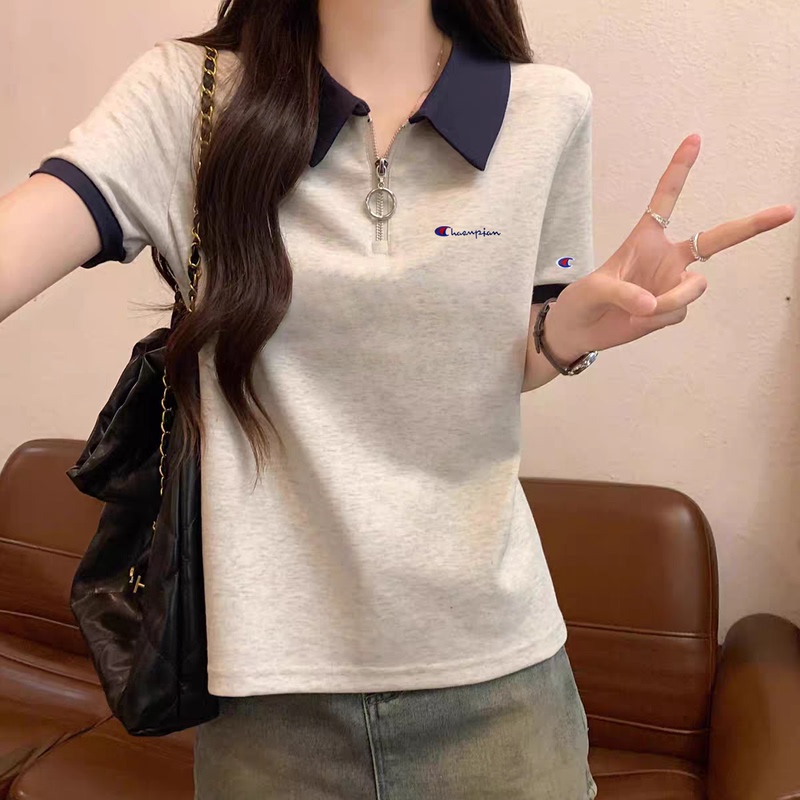 Champion Captain Half-Zip Color-Block Polo Collar Pure Cotton Regular Shoulder T-Shirt for Women 26 Summer Korean Style Slimming Casual Top