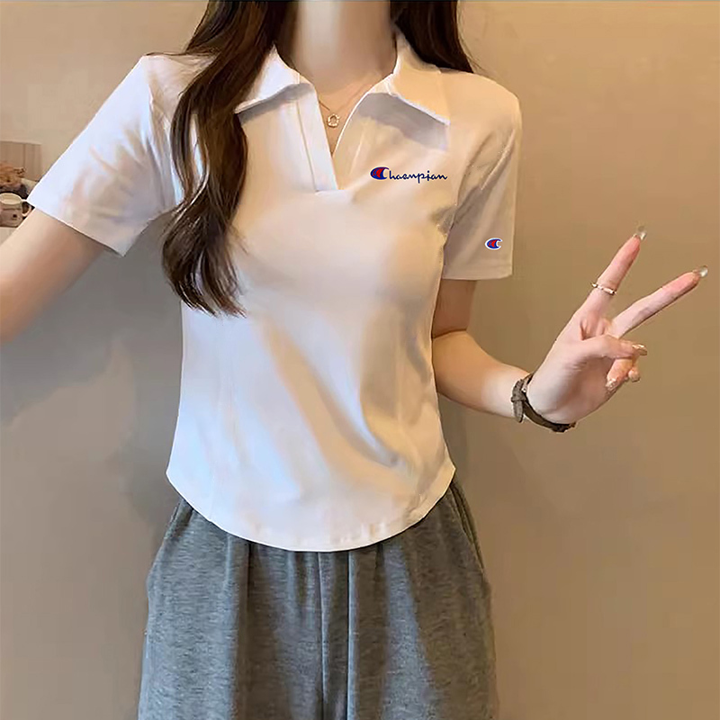 Champion Boat Short-Sleeve Pure Cotton V-Neck T-Shirt for Women 2026 Summer Slim Fit Polo Shirt Simple Style Casual Top