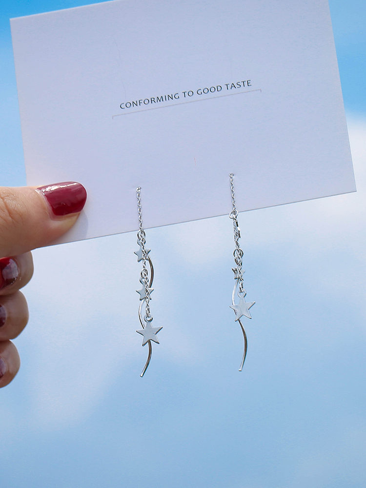 s925 sterling silver star wavy ear line girl super fairy show face small but not picky tassel shiny long student earrings