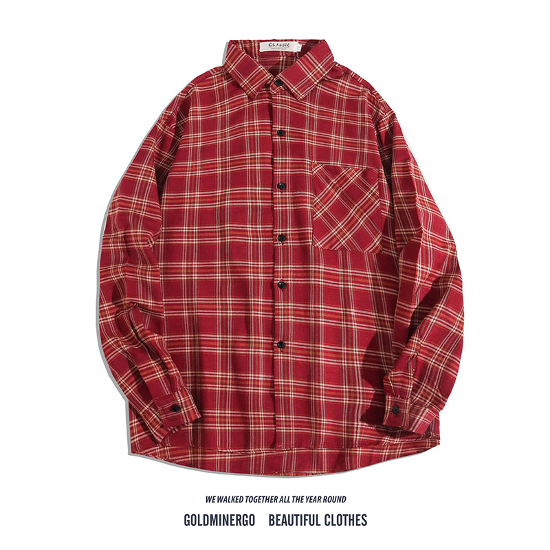 Japanese Retro Plaid Shirt for Men, Korean Style Trendy Loose Casual Versatile College Bf Color-Block Long-Sleeve Shirt Jacket