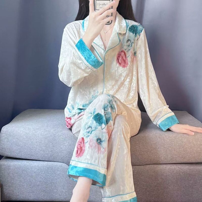New Autumn and Winter Pajamas for Women, Thickened Velvet, Long-Sleeved, New Chinese Style, High-End, Warm Home Wear, Can Be Worn Outside