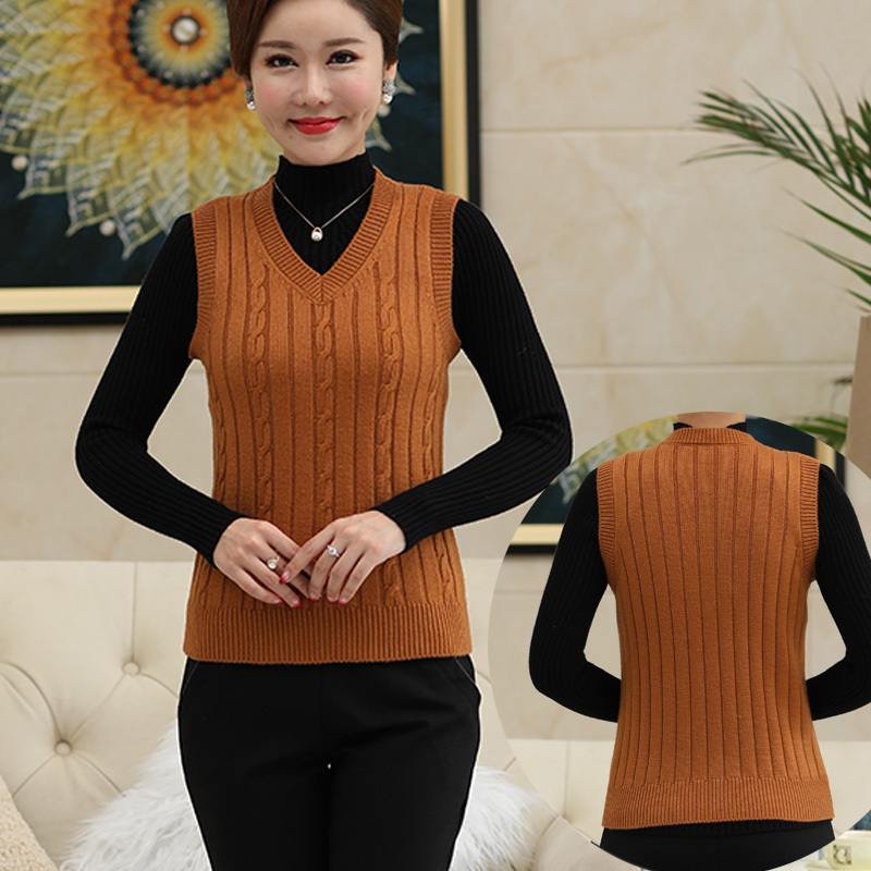 Autumn and Winter Wool Vest for Middle-Aged and Elderly Women, Loose and Fashionable V-Neck Vest, Mother's Clothing, Knitted Waistcoat, Grandma's Short Sweater