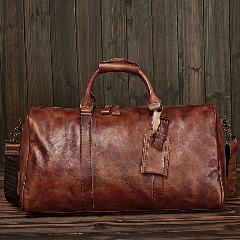 Retro Large Capacity Genuine Leather Travel Bag Men's Hand Single Shoulder Inclined Satchel Bag With Tannic Leather Business Trip Luggage Bag