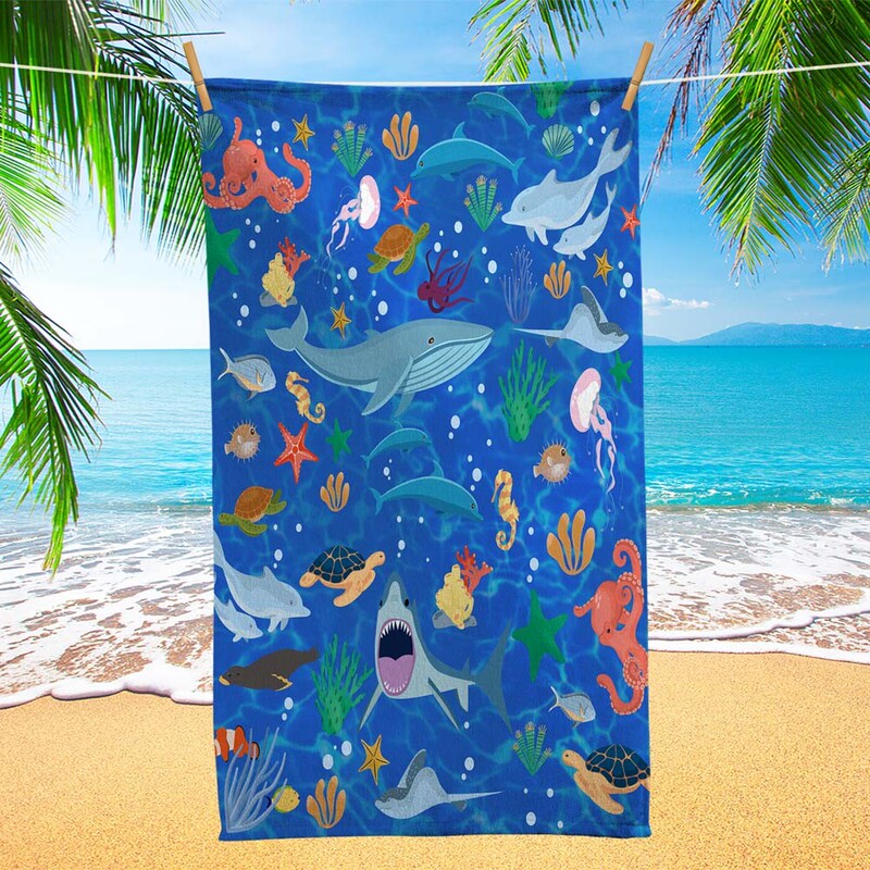 Cartoon Cute Beach Towel with Printed Creative Marine Animal Design, Microfiber, Lightweight and Portable, Large Summer Towel