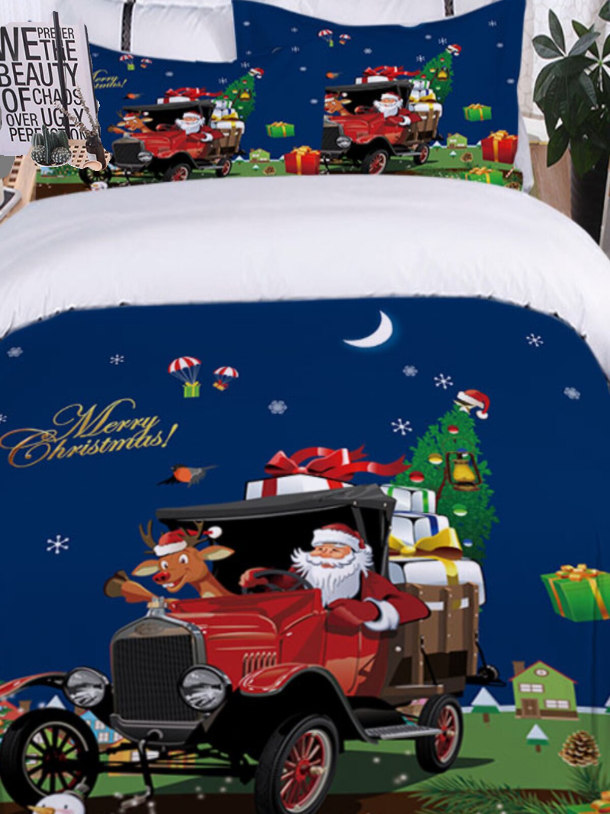 Santa Elk three-piece bedding set Christmas gift 3D digital printing quilt cover pillowcase quilt cover sheet