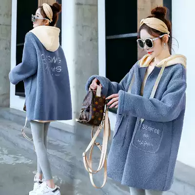 Pregnant women coat Spring and Autumn wear blue out pregnant loose lamb cashmere autumn fashion solid color long sleeve thick cotton T