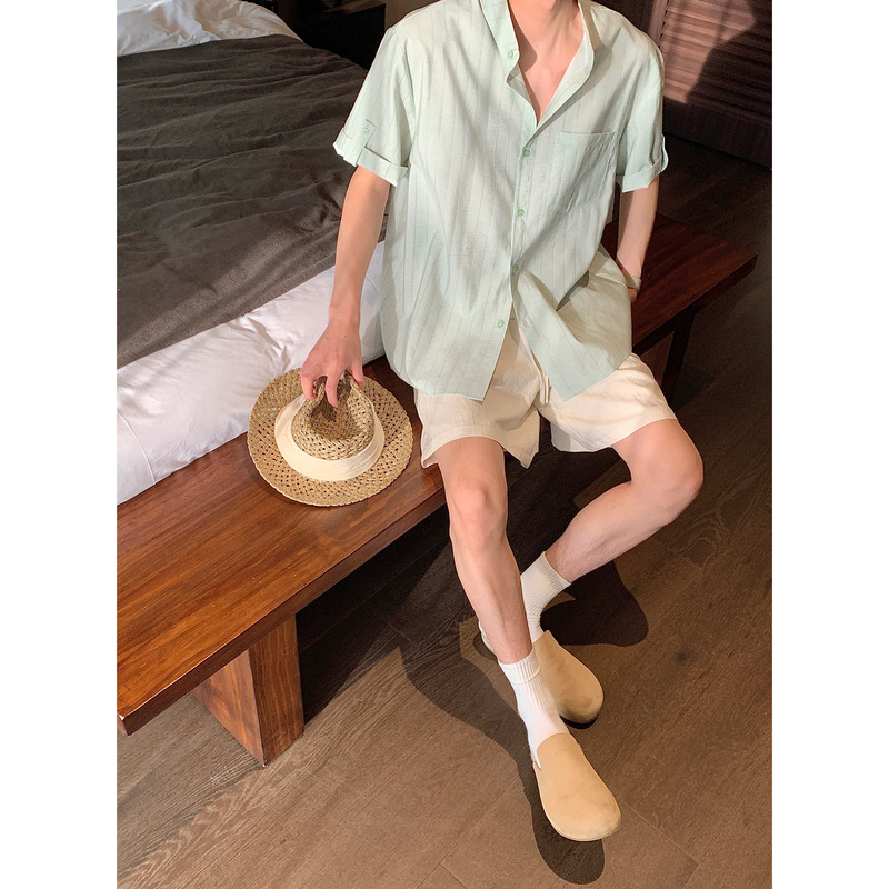 Hn26Ss【Linen Ice Texture Set】Summer Old Money New Rich Lightweight Striped Breathable Shirt and Shorts