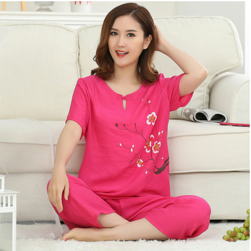 夏季纯棉棉麻人造棉短袖外穿家居服套装女