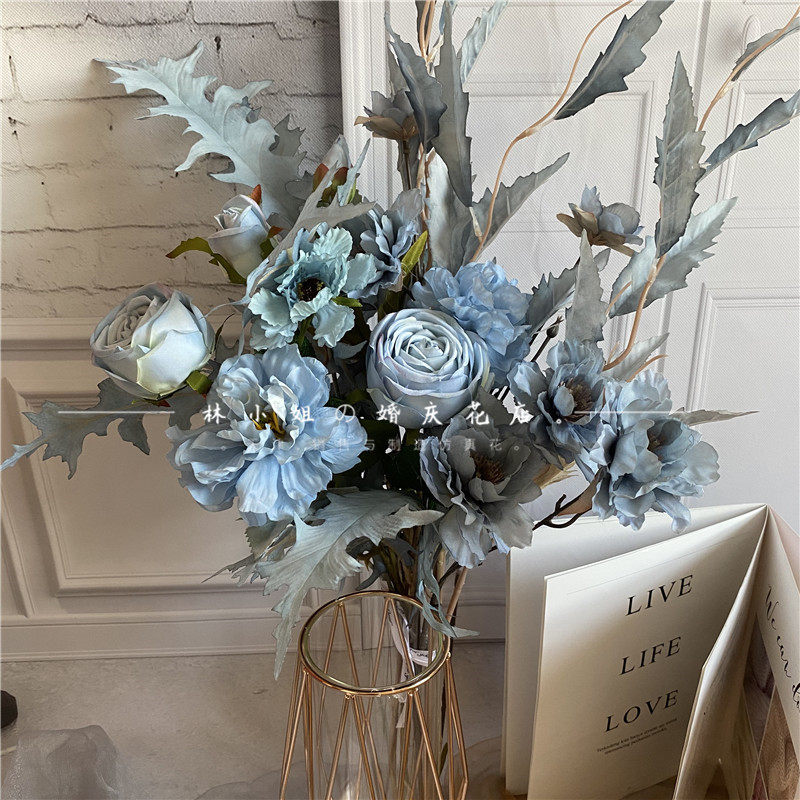 复古欧式花艺搭配花束蓝色套装皇妃玫瑰客厅书房酒店软装插花花艺