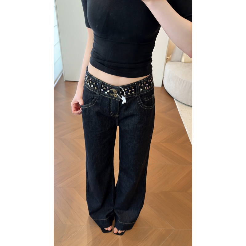 Heavy-Duty Rivet Waistband Design Straight-Leg Jeans for Women 2026 Spring/Summer New Low-Rise Slimming Flared Wide-Leg Pants