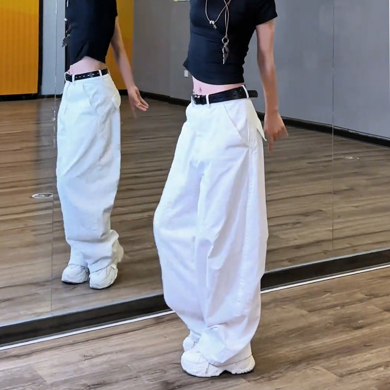 White Pleated High-Waisted Wide-Leg Cargo Pants for Women, 2026 Summer New Style, Loose, Slimming, Drapey, Floor-Length Trousers