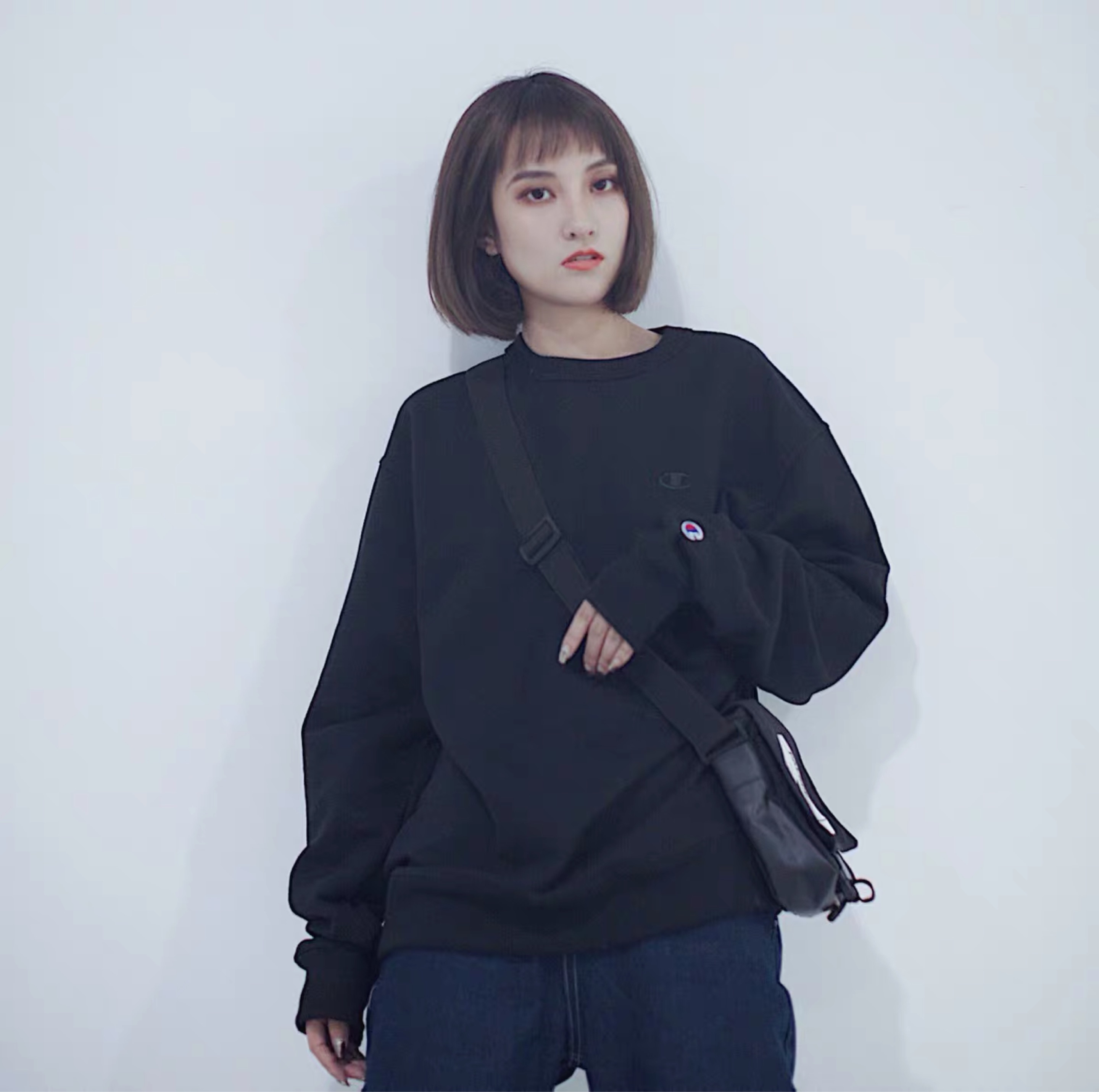 Phiên bản Mỹ của áo len đôi cổ tròn tiêu chuẩn lỏng lẻo cộng với nhung nam và nữ áo thun mùa thu nhiều màu sắc xu hướng làm đẹp - Thể thao lông cừu / jumper áo thun tay dài nữ