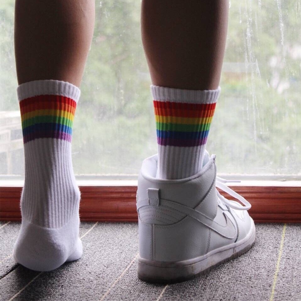 Rainbow Striped Sports Socks Pure Cotton Towel Bottom Thickened Midcylinder Male Socks Sweat and Deodorant Basketball Socks Badminton Socks