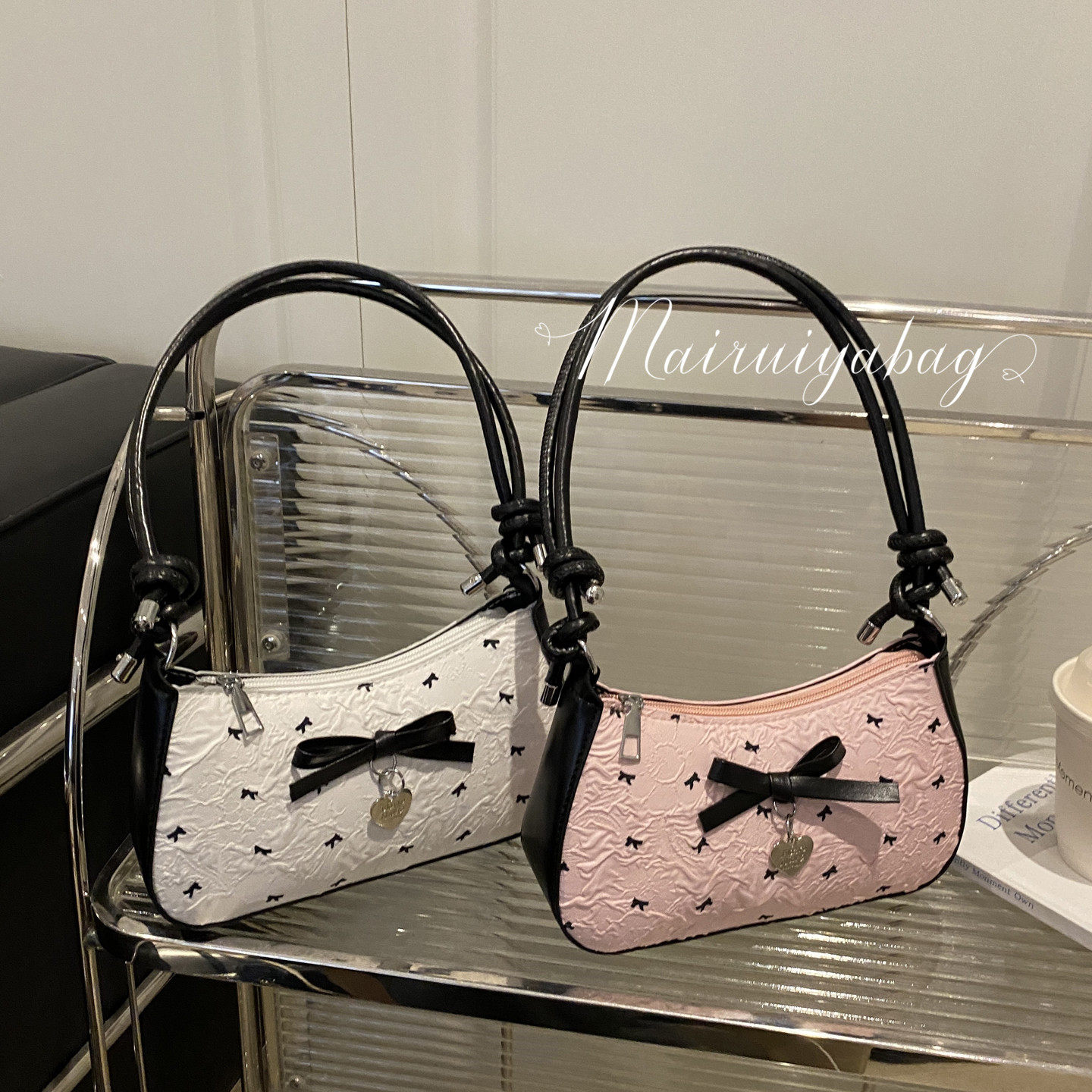 Корейская милая сумка-мессенджер seersucker с бантом подмышками, женская высококачественная черно-розовая контрастная сумка-мессенджер на одно плечо, пригородная сумка