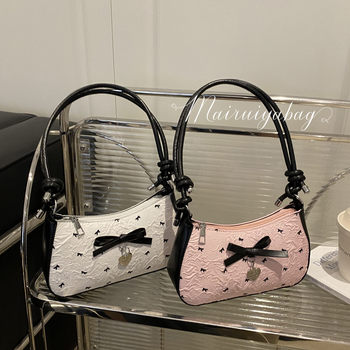 Korean-Style Sweet Bubble Gauze Bow Underarm Bag for Women, High-End Black and Pink Color-Blocking Single Shoulder Crossbody Bag, Commuter Bag