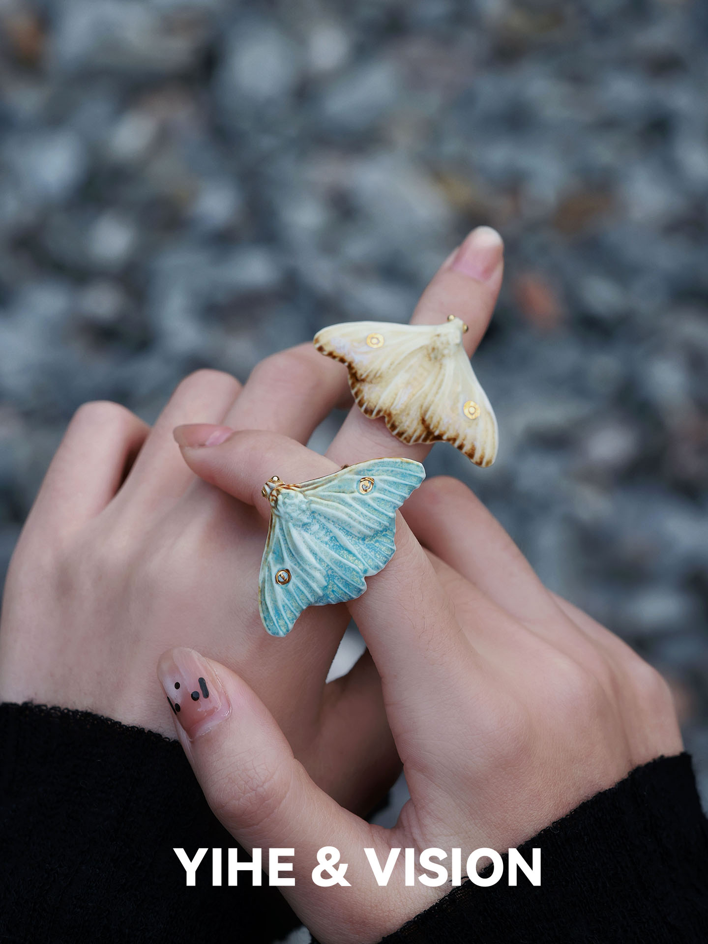 YIHE Yihe original design Ember Frost Moth yellow and blue moth versatile daily literary and artistic ceramic ring
