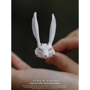 Yihe Original Design [Sleeping Fox] Unique Niche Stylish Platinum Handmade Ceramic Fox Ring for Men and Women