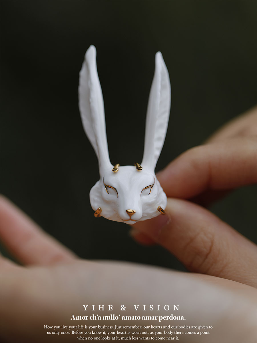 YIHE original design Meihu unique niche platinum handmade ceramic fox men's and women's rings