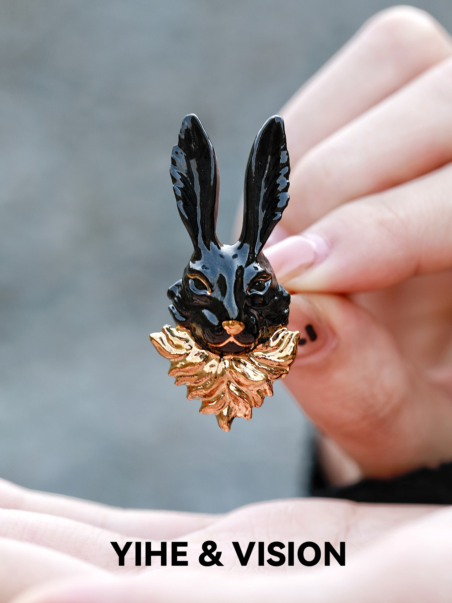 YIHE Yihe original design Golden Rabbit Black Rabbit niche dark tone gentlemanly ceramic open ring