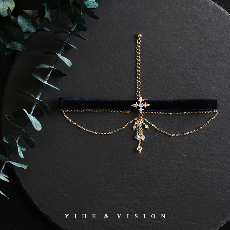YIHE original design of autumn and winter sexy temperament high - den blue double velvet neck choker