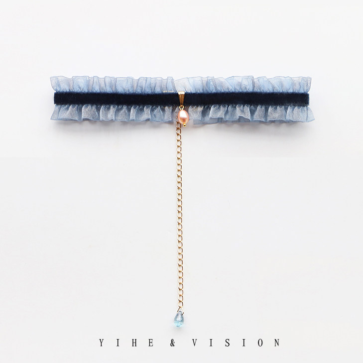 YIHE French elegant cool tone quiet blue velvet pearl choker temperament girl gift neckband