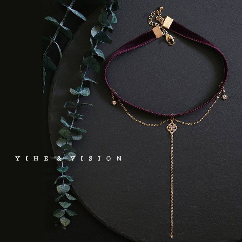YIHE original design autumn and winter rose purple temperament high-end double-sided velvet long neckband choker