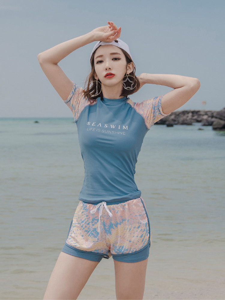 Korean ins swimsuit women's two-piece snorkeling diving suit new hot spring short-sleeved swimming suit conservatively cover belly and show thin skirt