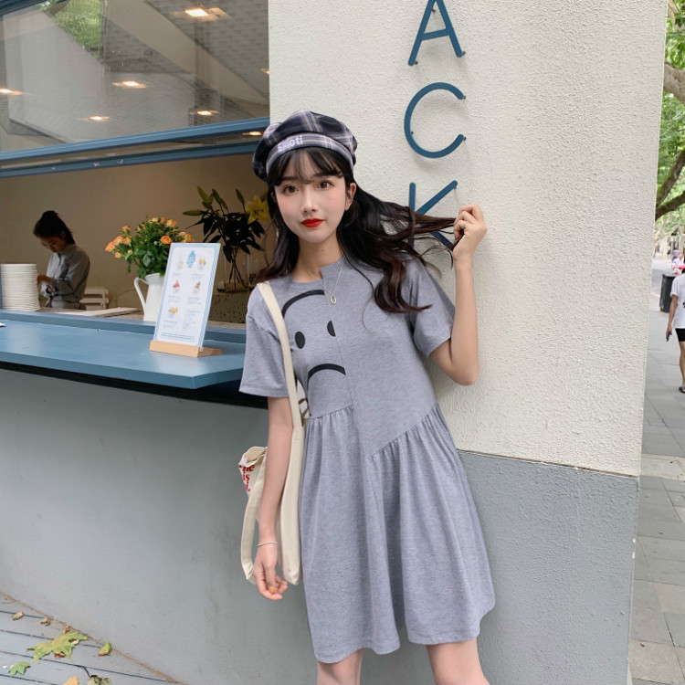 VK旗艦店 韓系休閒印花拼接不規則短袖洋裝