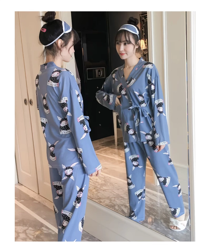 Mùa xuân và mùa thu Bộ đồ ngủ kimono của phụ nữ mùa hè cotton dài tay phần mỏng Bộ đồ dịch vụ tại nhà dễ thương của Nhật Bản có thể được mặc