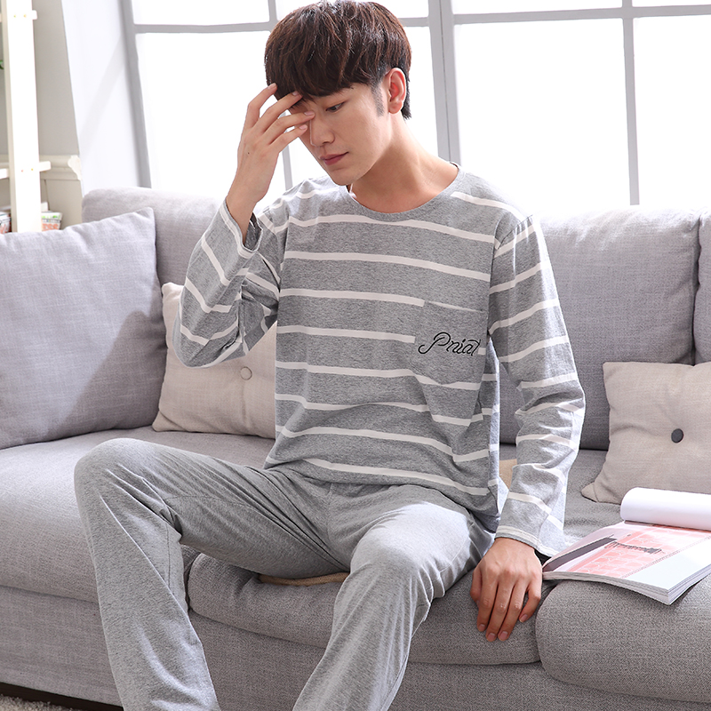 Mens đồ ngủ mùa xuân và mùa thu mens trung niên bộ đồ ngủ cotton bố tăng mã quần áo nhà cotton mùa hè mỏng.