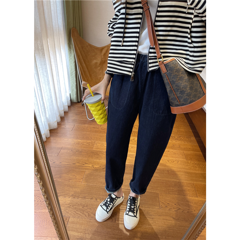 Channel good goods Japanese single handsome retro elastic waist robin pants female spring and autumn loose high waist nine-point jeans