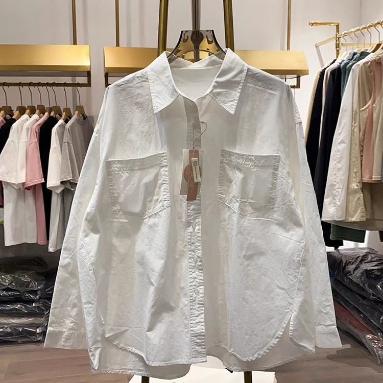 Polo Collar White Long-Sleeved Pure Cotton Shirt for Women 2025 Spring New Korean Style Elegant Simple Layered Fashion Top