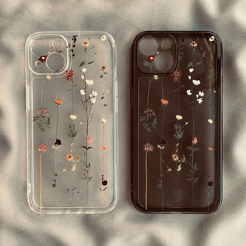 ins Fresh and Simple Rattan Flower Design Phone Case Suitable for Apple 14/15/16 Pro Max, Transparent Black Xrxs Creative and Unique 14 Pro Protective Case for Women