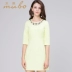 木 帛 2018 Phụ nữ mùa thu mới 7-tay áo vòng jacquard cao eo vòng cổ mỏng trung dài ăn mặc D291 đầm nhung dự tiệc Sản phẩm HOT