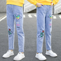 Girls jeans spring and autumn models 2021 new large childrens trousers childrens clothing middle school students pants embroidery roses