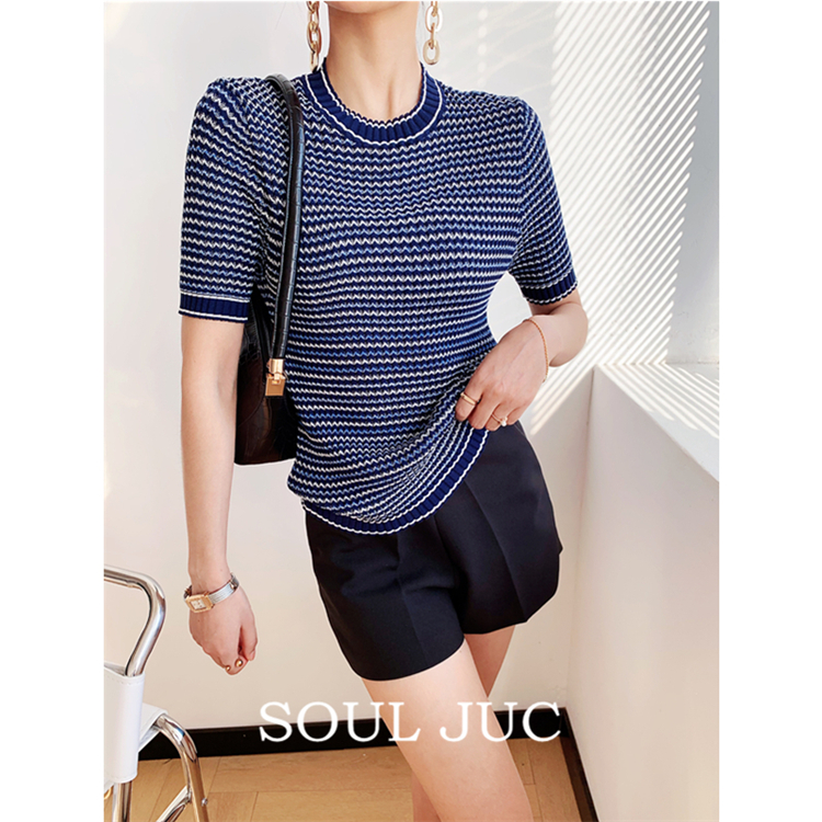 SOUL JUC jacquard herringbone pattern thin and fragrant knitted short-sleeved t-shirt b ice silk top women