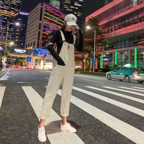 Korean loose denim belt pants women 2020 new size high waist slim black wide leg Jumpsuit