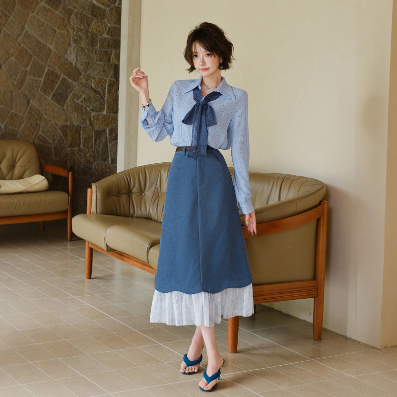 Miuco French-Style Lace-Up Shirt with Ribbons, Hollow Texture, Lapel, Light Blue, Elegant Top Miuco French-Style Lace-Up Shirt with Ribbons, Hollow Texture, Lapel, Light Blue, Elegant Top