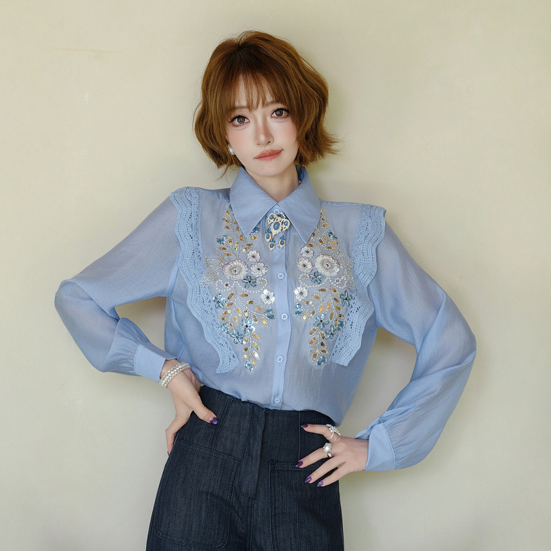 Miuco High-End Exquisite Shirt with Heavy Beading, Sequin Embroidery, Floral Design, Luxurious Lace Trim, Palace-Style Long-Sleeve Top