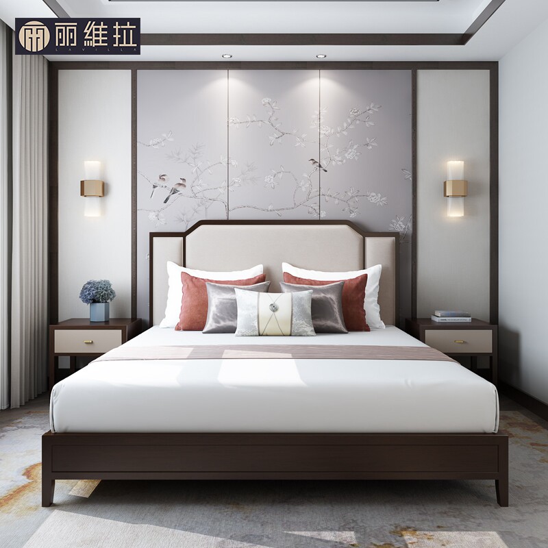 New Chinese solid wood bed 1 8 m Double bedroom bed minimalist modern light luxury high box cloth art mortise and tenon and structure furniture