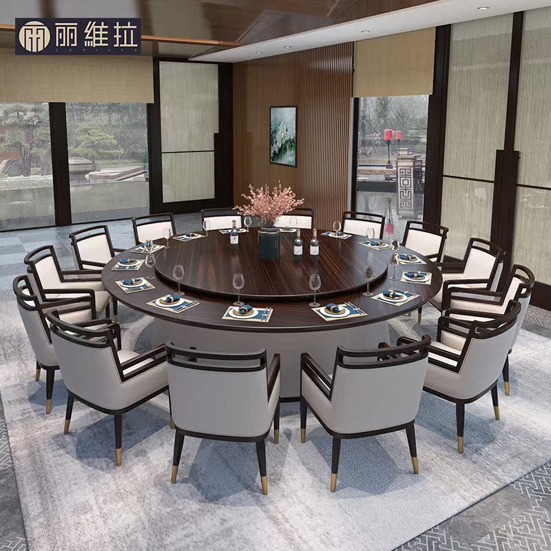 New Chinese Large Round Table Hotel Solid Wood Charter Van Dining Table And Chairs Combined Light And Luxurious Electric Turntables Farmstead Dining Table Furniture