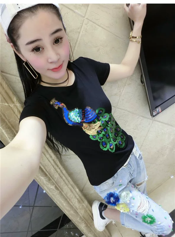Siêu kích thước nữ béo mm2018 mùa hè mới 200 pounds chất béo chị công thêu sequin áo thun ngắn tay hàng đầu