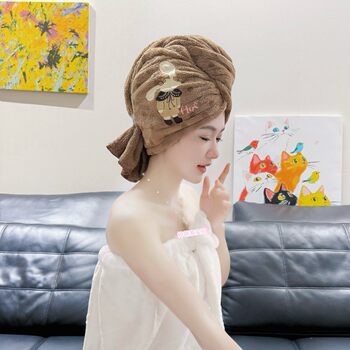 French-Style Hair Drying Cap with Cartoon Embroidery, Enlarged Wide Tail Strap, Quick-Drying and Water-Absorbent (New Technology Fine Fiber Compressed Fabric)