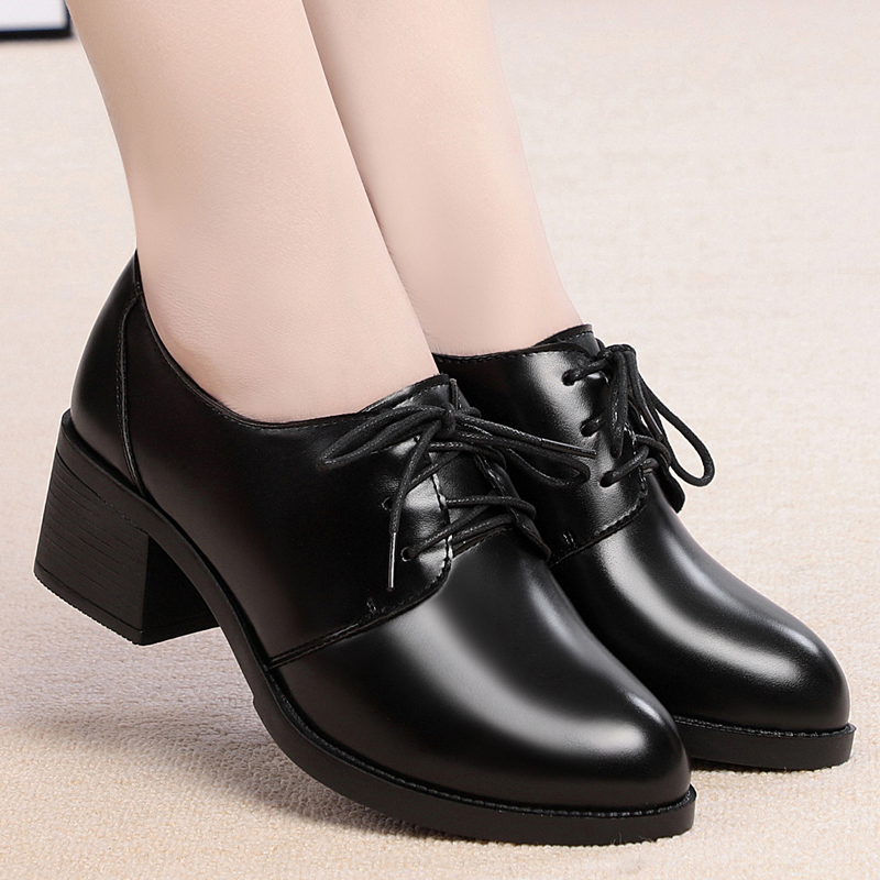 Leather high heels single shoes 2020 autumn new thick heel professional work shoes women's black lace-up shoes large size women's shoes